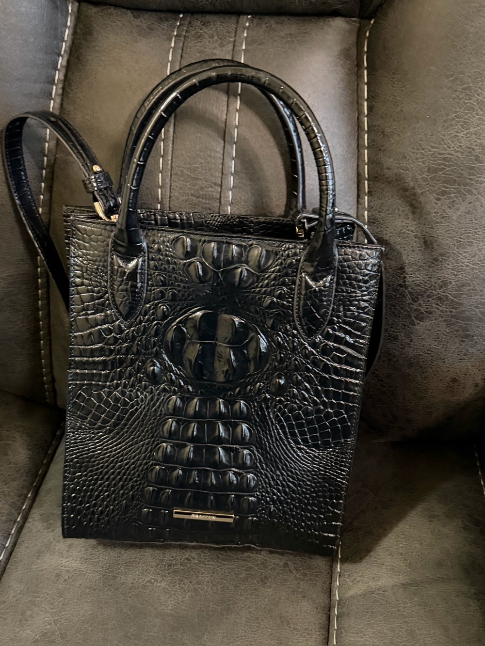 Brahmin Black Croc-Embossed Small Satchel with Crossbody Strap